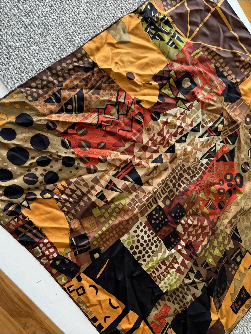 Vintage Ken Scott Made in Italy Multicolor Large Square Silk Scarf Tan Black